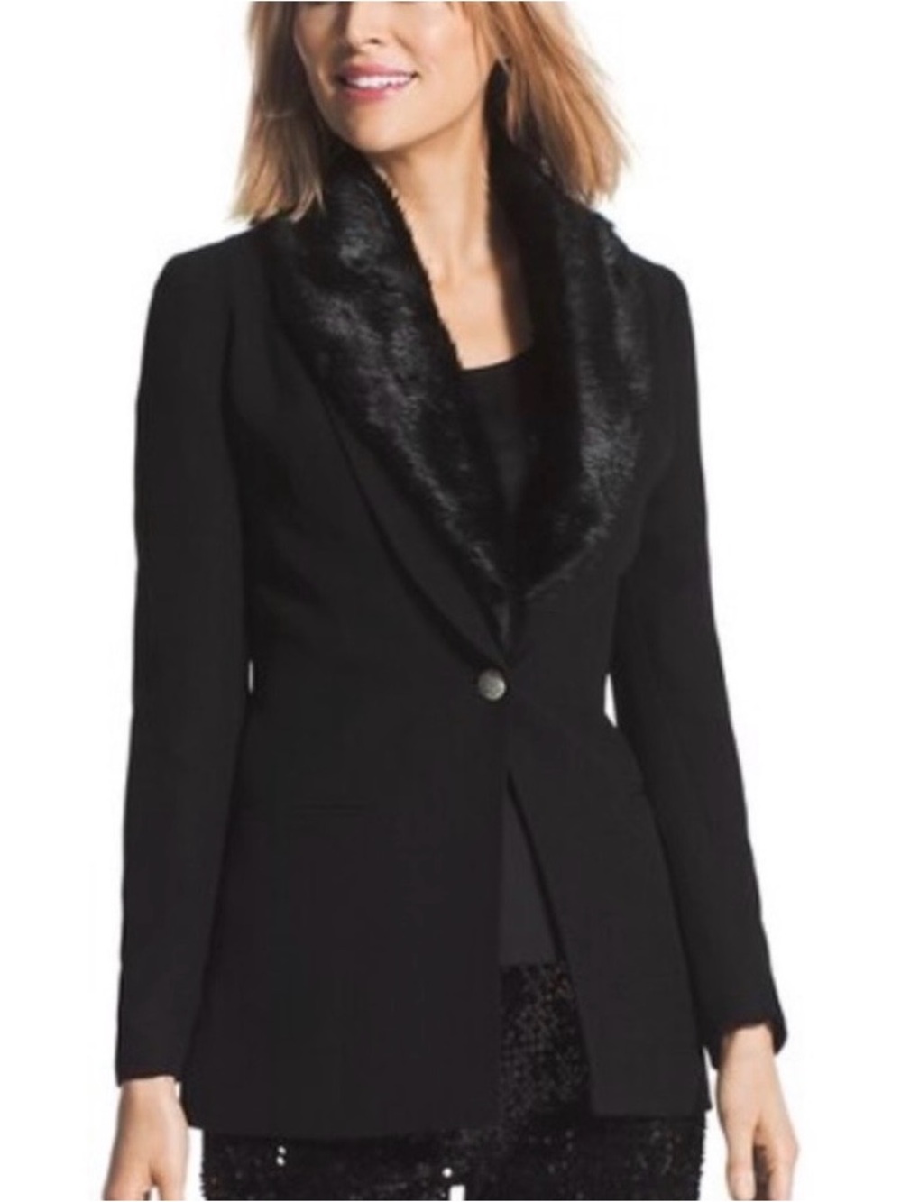 NWT Chico’s Glam Old Hollywood Fur Trim Jacket Coat Luxe Glamorous Iconic